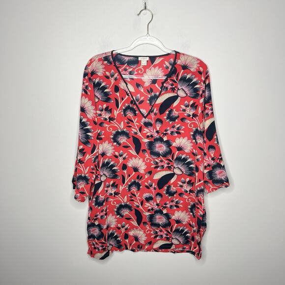 J Crew Tunic Top Womens Large Pink Floral Beach Coverup Gauzy V Neck 3/4 Sleeves - Picture 1 of 10